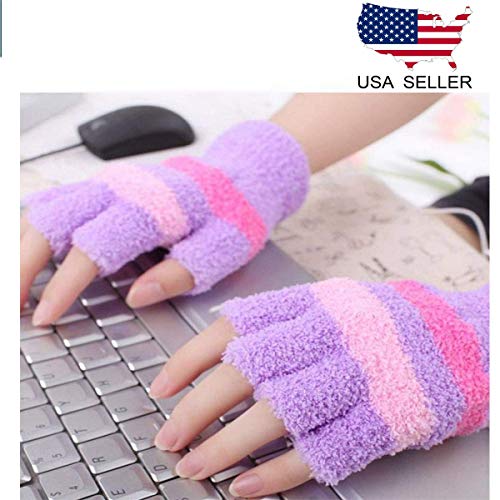 HoFire USB Heating Winter Gloves Women Hand Warm Gloves USB Heater Fingerless Warmer Mitten Gloves (Purple)