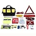 Mofeez Portable Roadside Assistance Auto Emergency Kit + First Aid Kit – Rugged Tool Bag - Contains Jumper Cables, tools, Reflective Safety Triangle and more.