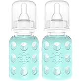 Lifefactory Glass Baby Bottle BPA Free | Protective Silicone Sleeve | 4 oz Pack of 2 | Mint