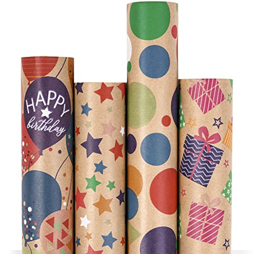 RUSPEPA Wrapping Paper Kraft Paper - Colorful Birthday Coloured Balloon and Polka Dot Wrap Design - 4 Rolls - 30 inches x 10 feet per Roll