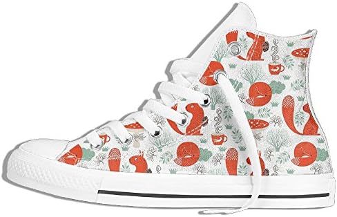 Mkajkkok Animals Nature Whimsical Squirrel Sleeping Fox Fungus Hot Tea Decorative Ladies Men's Fashionable High-heeled Lace Canvas Shoes.