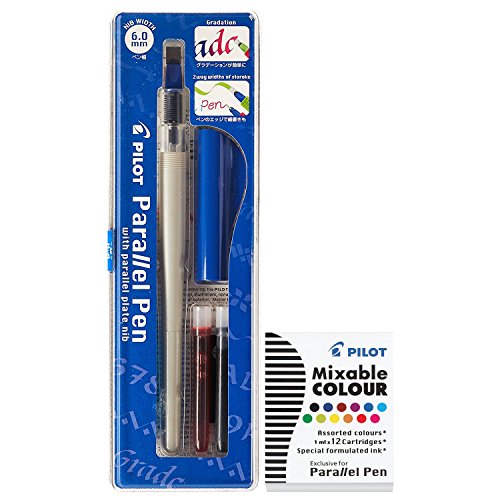 Pilot Parallel Calligraphy Pen Set, 6.0mm Nib, Blue Cap with Black and Red Ink, Plus 12 Assorted Color Ink Refills