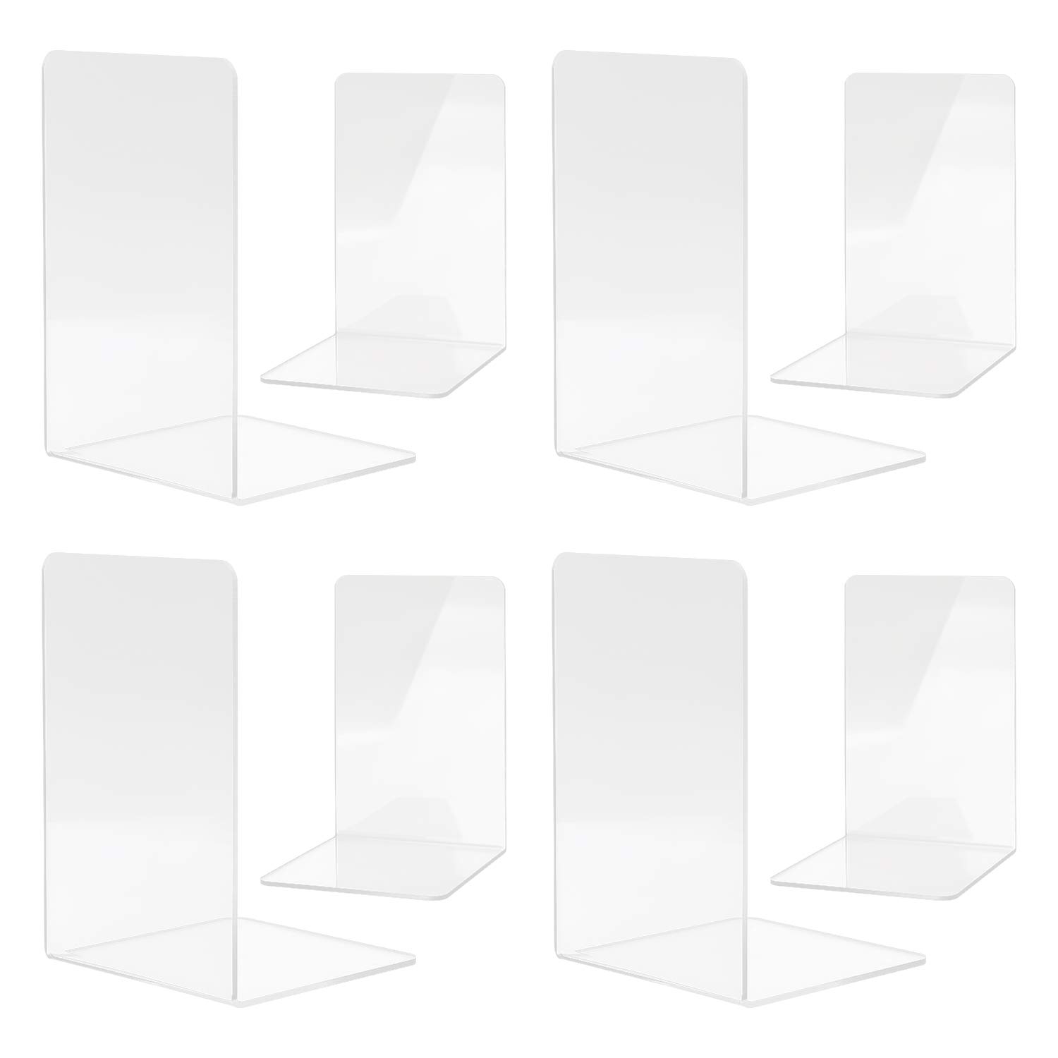 MSDADA 4 Pairs Clear Acrylic Bookends - Anti-Slip Book Organizer & Holder, Storage for Bedroom, Desktop, School, Library, Office, Shelf Dividers