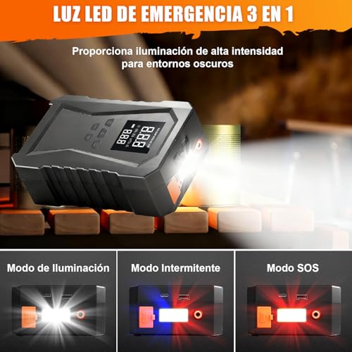 LINGLUCKY Arrancador de Batería de Auto Portátil 3000A y Compresor de Aire 150PSI,Jumper para Carro de 12V(9L Gasolina/6.5L Diésel) con Pantalla LCD,Linterna LED,Luz de Emergencia,12000mAh Power Bank