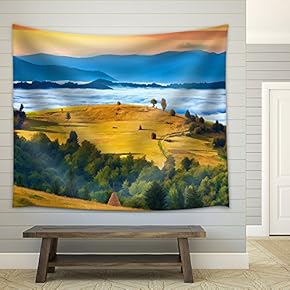 Digital Artwork in Watercolor Painting Style. Rural Landscape Against The Foggy Mountains - Fabric Wall Tapestry Home Decor - 51x60 inches