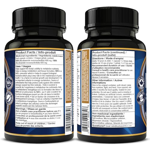 NMN High Purity 600 mg per Capsule – Nicotinamide Mononucleotide Supplement | Supports Cellular Health | Supports NAD+ Levels | Helps Metabolize Nutrients | Source of Vitamin B3 | 60 Capsules | 2 Month Supply | Made in Canada