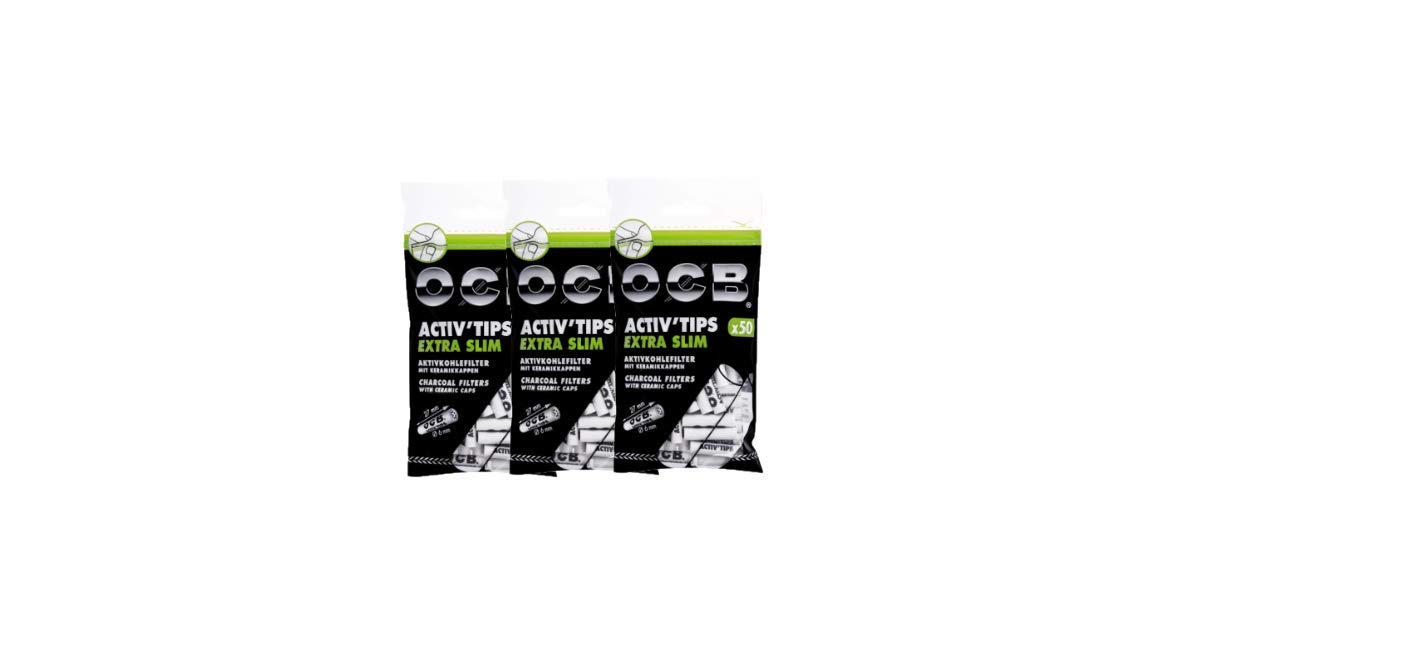 OCB 18575 ActivTips Extra Slim 6 mm Activated Carbon Filter with Ceramic Caps 3 Bags of 50 = 150 Filters Paper