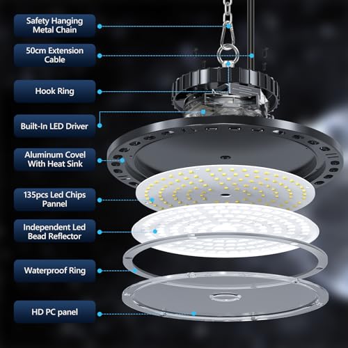 TASINUO UFO LED High Bay Lamp 100W 4PCS, 10000LM LED Bulbs Indoor Ceiling, 7000K Cool White, IP65 Waterproof Industrial LED for Garage, Warehouse, Office, Workshop