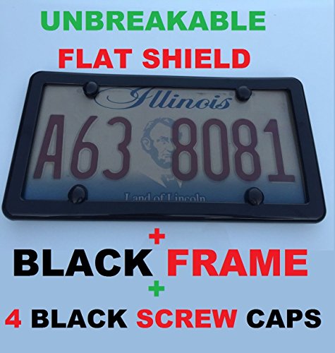 Trunknets Inc Flat Unbreakable Tinted Smoke License Plate Shield Cover + Black Frame + 4 Black Screw CAPS