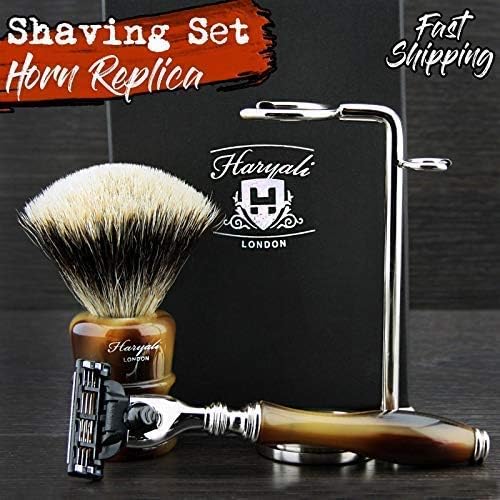 Premium Shaving Set - Horn Luxury Selection by Haryali London - Silver Tip Badger Shaving Brush & Triple Action Razor > Exceptional Balance Horn Replica Resin Handles