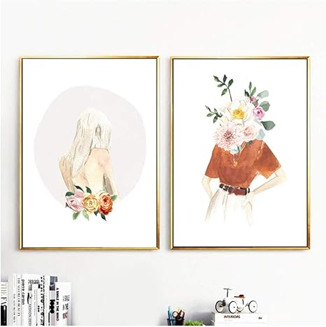 Amazon 抽象アートワークフラワーガール抽象イラストウォールアートキャンバスペインティングノルディックポスターとプリント壁の写真23 6 X 31 4 60x80cm X2pcsフレームなし アートフレーム ポスター オンライン通販