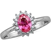 Silvershake Petite 7X5mm Oval Shape Gemstone White Gold Plated or 18K Yellow Gold Plated 925 Sterling Silver Flower Cluster Engagement and Promise Ring