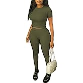 ZFLM Casual Workout Two Piece Outfits for Women Fitted Crew Neck T-shirt High Waist Pants Matching Sets Streetwear