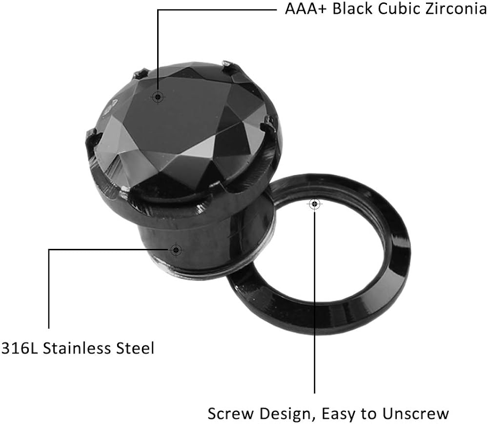 ZeSen Jewelry Black CZ Stone Ear Gauge Screw Stainless Steel Ear Plugs Tunnel Piercing Expander Stretcher, Stainless Steel - Image 4