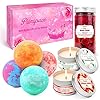 Panspace Bath Bomb Gift Set for Women, 4 Organic Bath Bombs with 2 Scented Candles & 1 Dried Rose Petals, Bubble Fizzies…