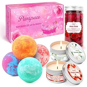 Panspace Bath Bomb Gift Set for Women, 4 Organic Bath Bombs with 2 Scented Candles & 1 Dried Rose Petals, Bubble Fizzies…