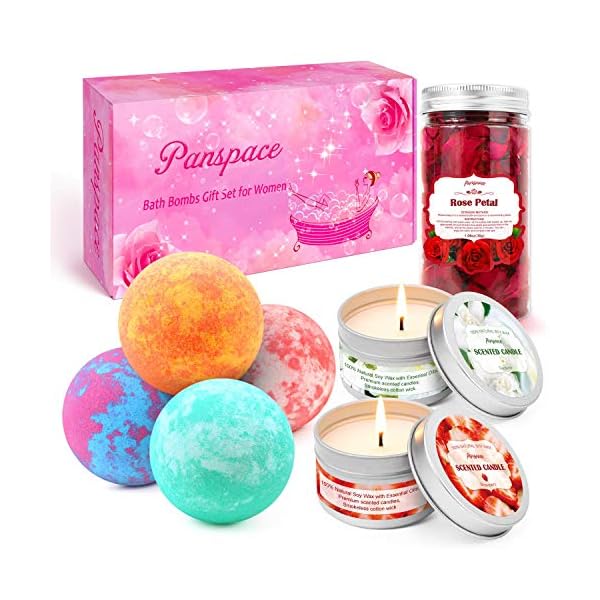 Panspace Bath Bomb Gift Set for Women, 4 Organic Bath Bombs with 2 Scented Candles & 1 Dried Rose Petals, Bubble Fizzies…