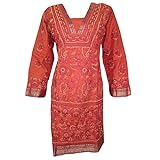 Indian Tunic Top Rust Cotton Embroidered Long Kurti Dress Caftan XS