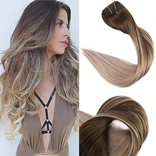 Full Shine 18" Clip in Hair Extensions 10 Pcs 120gram Color #4 Dark Brown Fading to Color #18 Ash Blonde Balayage Remy Extensions Ombre Hair Extensions Human Hair Clip in Extensions
