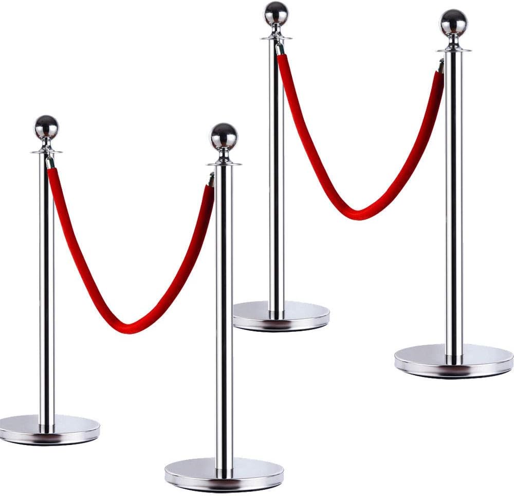 AVGDeals 4Pcs Stanchion Posts Queue Pole Retractable 2 Velvet Ropes Crowd Control Barrier | Widely Used for Hotel, Ticket Office, Restaurant and Theater etc