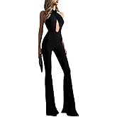 RISCUYY Black Jumpsuit for Women Sleeveless Tie Halter Bodycon Backless Flare Pants Romper Party Going Out