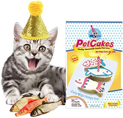 PetCakes Cat Organic Birthday Cake Kit Turkey Flavor Cat Treats 5oz, 3-Piece Catnip Fish Cat Toy Pets Pillow Chew Plush Toys & Happy Birthday Hat Gold Cone Yellow Balls Cat Costume Pet Party Supplies