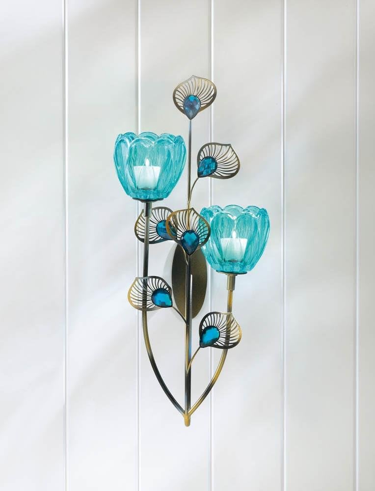 Candle Holders Sconce Peacock Inspired Dual Cup Blossom Turquoise Wall Sconce