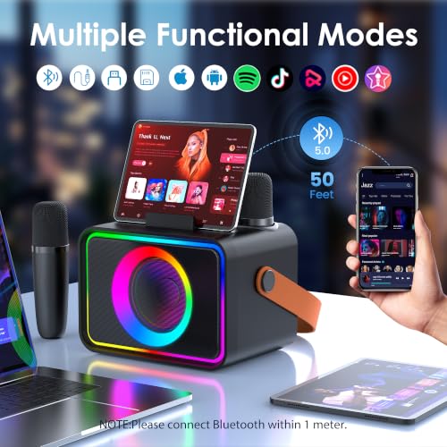 ultramic Karaoke Machine, Portable Bluetooth Speaker with 2 Wireless Microphone for Adults Kids with LED Lights Power Amplifiers, Karaoke Microphone PA System Supports USB,Gift for Party(Black)