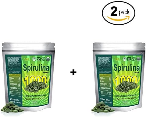 Spirulina Tablets (Mega-Pack 1000 Tablets). Organic, raw, Non-GMO. 100% Pure Green Superfood Spirulina Plantensis Supplement. Maximum Protein and Chlorophyll. No preservatives or fillers. (2Pack)