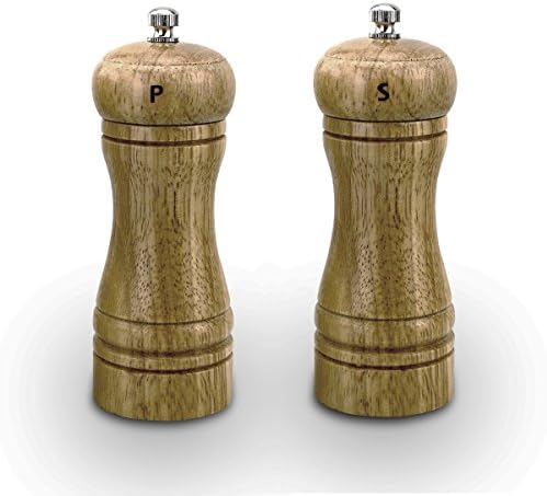 TEEFAN Oak Wooden Refilled Interchangeable Salt &amp; Pepper Grinder Mill Ceramic Grinding Tank and Adjustable Rotor to Put Out Coarse to Fine Consistent Powder, Set of Two, 5 Inch
