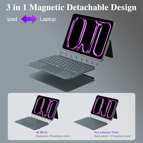 WIWU Keyboard for iPad Pro 13 M4/M5 2024/2025 Magnetic Case 3 in 1 Detachable Keyboard with Touchpad Adjustable Stand Backlit Keys 7 Colors (Gray, iPad Pro 13"(M4/M5 2024/2025)