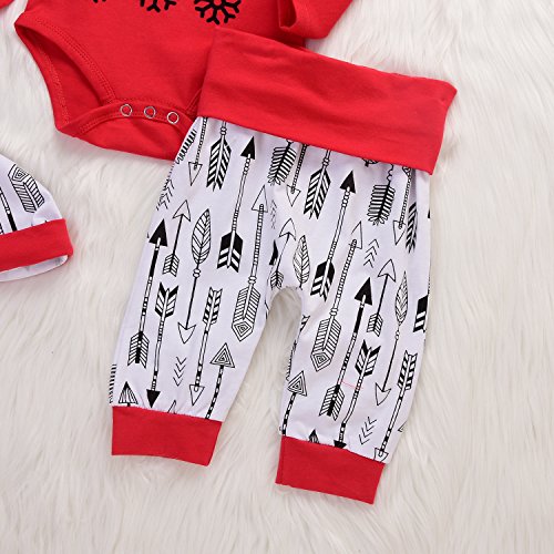 4Pcs Christmas Baby Boy Girls Long Sleeve Snow Romper Bodysuit+Arrow Pant+Hat+Headband Clothes (6-12Months, Red&White)