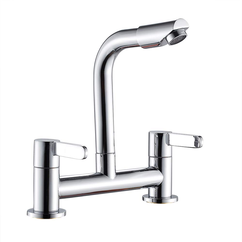 Kitchen Sink Mixer Taps 2 Hole Dual Lever Chrome Plated 360 Swivel Deck Mounted Kitchen Mixer Faucet Spout Basins Taps