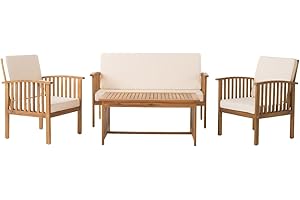 Christopher Knight Home Carolina Outdoor Acacia Sofa Set, 4-Pcs Set, Brown Patina + Cream Cushion