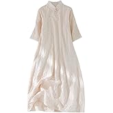 Summer Linen Print 3/4 Sleeve Cheongsam Dress ，Vintage Slim Fit Side Slit Dress A03