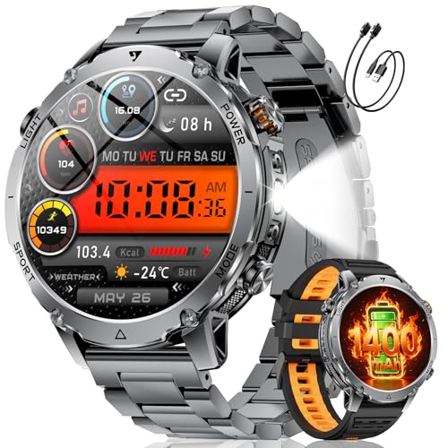 SUNKTA Men's Smart Watch 1400 mAh 20 Days Battery Life Large Battery 1.7 Inch HD Calls Bluetooth Military Smartwatch for iOS Android Heart Rate Monitor/Sleep LED Light, Grey