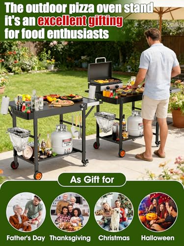 Outdoor Pizza Oven Table, Expansive Countertop Pizza Oven Stand for Party, Movable Kitchen Cooking Prep BBQ Cart with Wheels, Solid and Sturdy Grill Table, Fits Ooni Blackstone Ninja Cuisinart Gozney