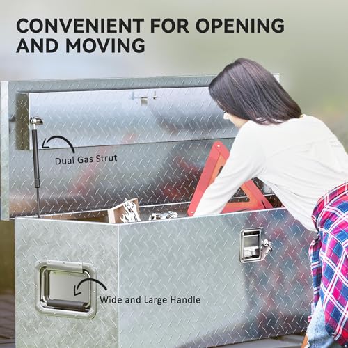 HOMCOM 48 Inch Truck Bed Tool Box, Heavy Duty Aluminum Diamond Plate Trailer Tongue Box with Side Handle and Locks Keys, Storage Organizer for Trailers, RVs, Pick Up