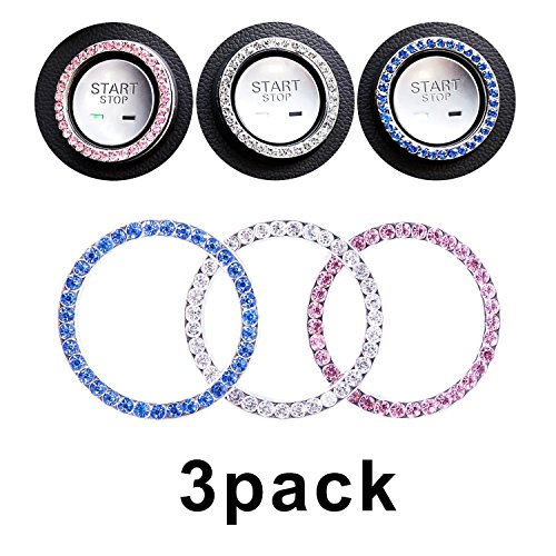 (3 Pack) Crystal Rhinestone Car Bling Ring Emblem Sticker, Bling Car Accessories For Auto Start Engine Ignition Button Key & Knobs, Bling For Car Interior, Unique Gift For Women