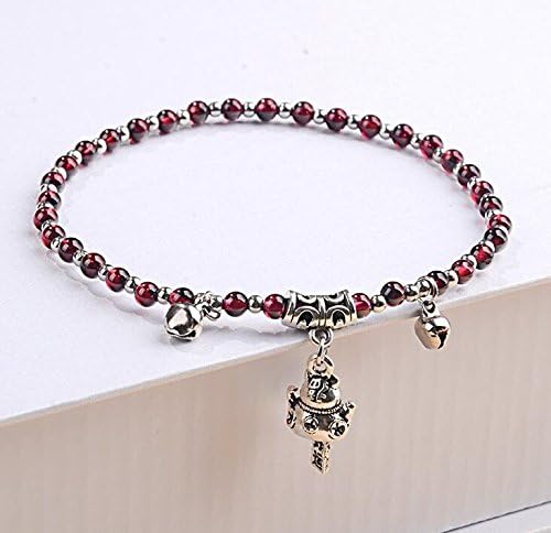 Yusylvia(TM)Natural crystal garnet anklets female silver Lucky cat bell