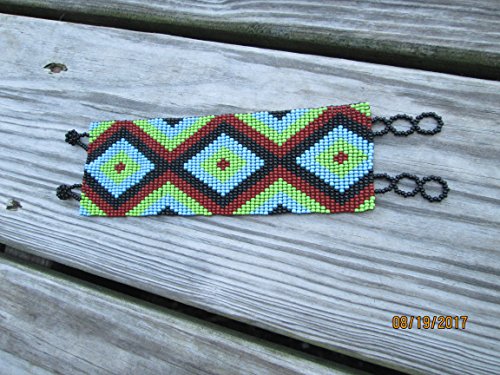 Fair trade wide flat bracelet turquoise brown Diamond geometric hand loom beaded southwest native american design fair trade beadwork seed beads geometric stripe ethnic handmade