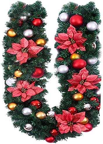 Bow Flowers Decorated Garland Christmas Decoration 6Ft Stairs Fireplaces Decors Xmas Festive Wreath Stair Xmas Flowers Tree Garden Yard Decor (Red)