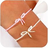 Agriajun Pink White Bow Beaded Bracelets Set for Women,Cute Boho Small Beads Handmade Stack Adjustable Friendship Ribbon Bracelet Holiday Prom Fashion Jewelry Gift.