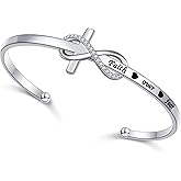 Yearace 925 Sterling Silver Engraved Faith Over Fear Heart Infinity Cross Charm Cuff Bangle Bracelet Sideways Cross Bracelet Bible Verse Religious Gift for Women Catholic