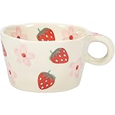 Koythin Ceramic Coffee Mug, Cute Creative Hand Printed Mug Design for Office and Home, 6.5 oz/200 ml for Latte Tea Milk (Strawberries and Flowers)