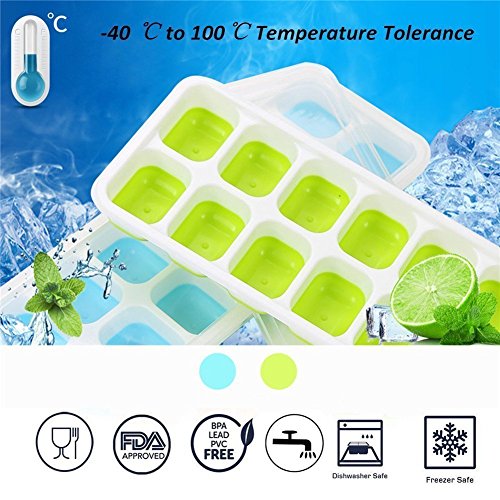 Ice Cube Trays Silicone,Ice Cube Mold Ice Tray Spill Resistant Lids 4 Pack and Flexible Reusable 14-Ice Trays Set with Lid Stackable BPA Free Dishwasher Safe Ice Cube Maker Storage Containers