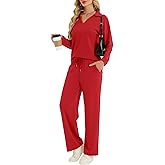 YOKGO Two Piece Sets for Women Casual Fall Lounge Sets Long Sleeve V-Neck Tops Wide Leg Pants Vacation Travel Outfits