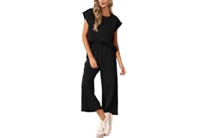 AGSEEM Two Piece Sets for Women Summer Short Sleeve Lounge Sets Cropped Wide Pants Outfits Loungewear Beach Vacation Clothes