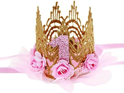 HMGOOD Baby First Birthday Crown Rose Flower Lace Tiara Headband Birthday Party Hat Hairband