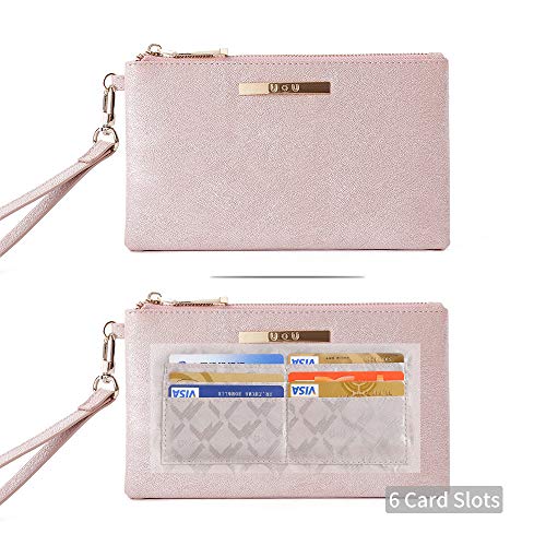 Womens Large Wristlet with Removable Strap, U+U Ladies Soft PU Leather Wallet with 6 Card Slots, Pink - Thumbnail 4